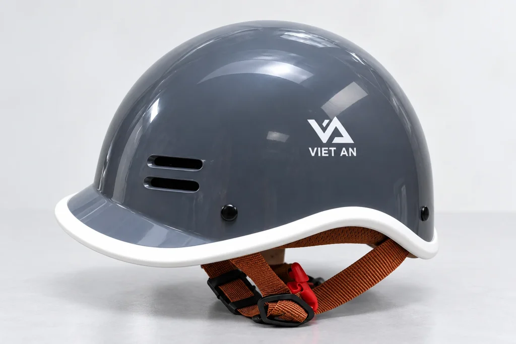 Mô phỏng logo VA VIET AN trắng trên thân mũ cá heo xám
