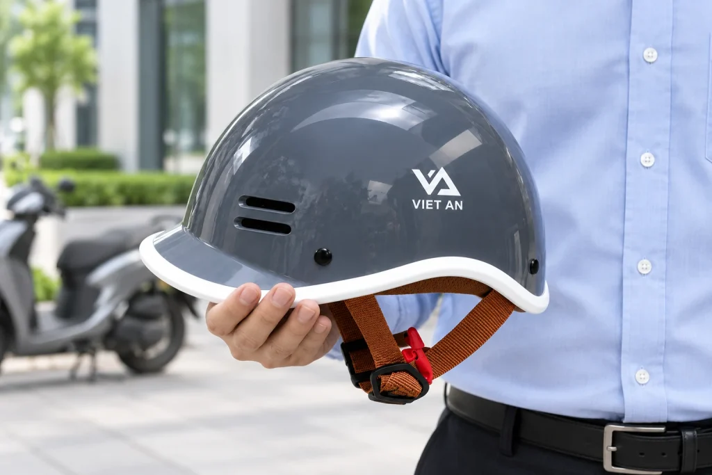 Minh họa cầm mũ cá heo xám viền trắng trước văn phòng