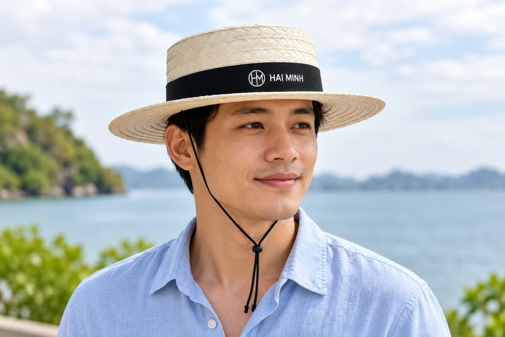 Minh họa người đội mũ lá buông đai đen mang nhận diện HM HAI MINH màu trắng