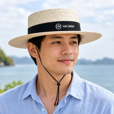 Minh họa người đội mũ lá buông đai đen mang nhận diện HM HAI MINH màu trắng