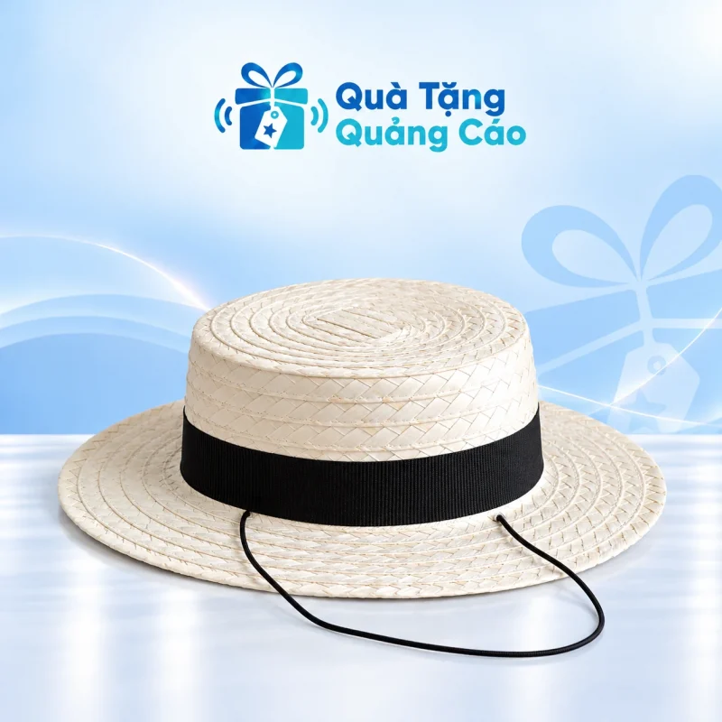 Mũ lá buông trắng hai lớp dán logo trên đai