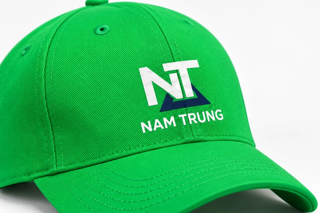 Minh họa cận nhận diện NT NAM TRUNG màu trắng và xanh đậm trên vải mũ xanh lá