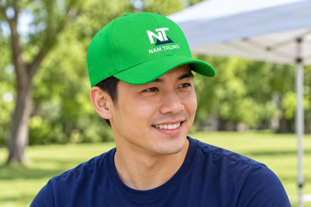 Minh họa người đội mũ xanh lá in nhận diện NT NAM TRUNG ở phía trước