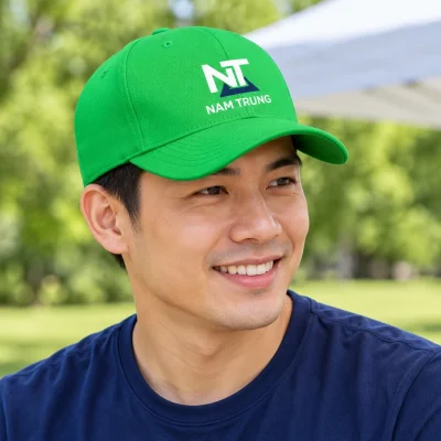 Minh họa người đội mũ xanh lá in nhận diện NT NAM TRUNG ở phía trước