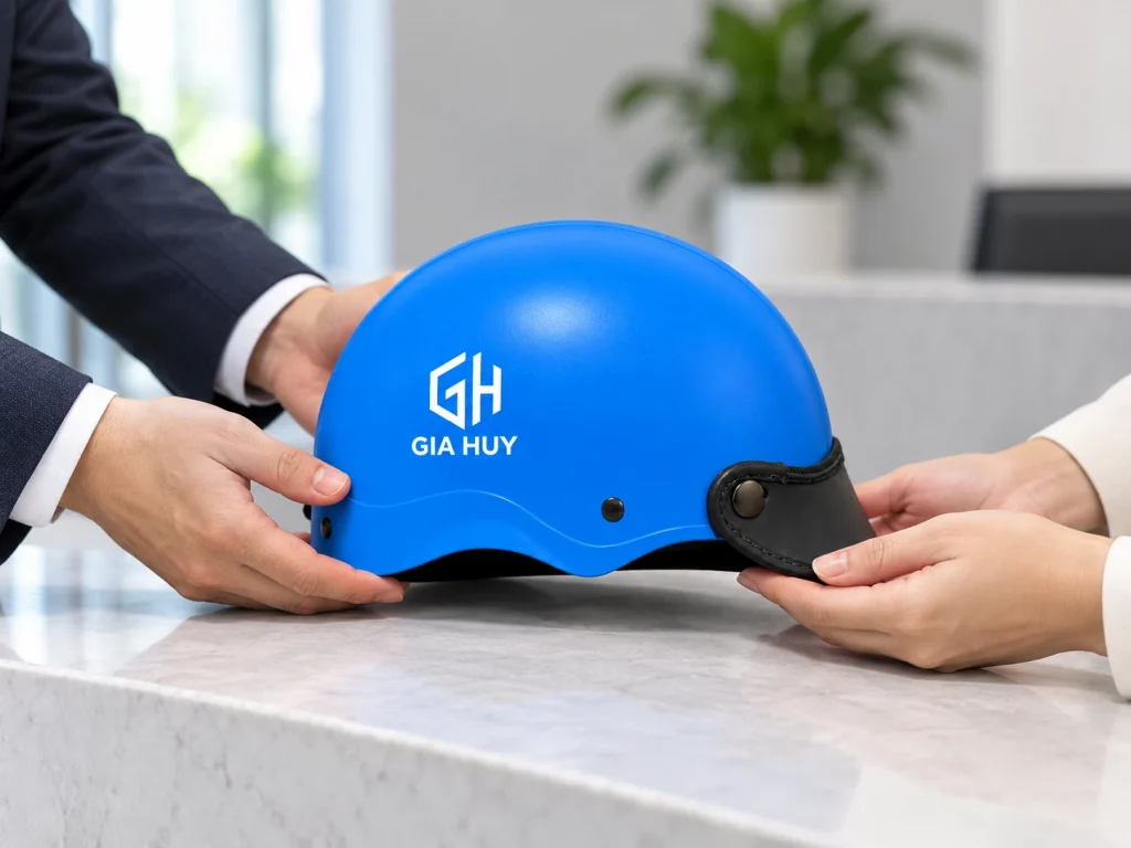 Minh họa trao mũ nửa đầu xanh dương in logo GIA HUY