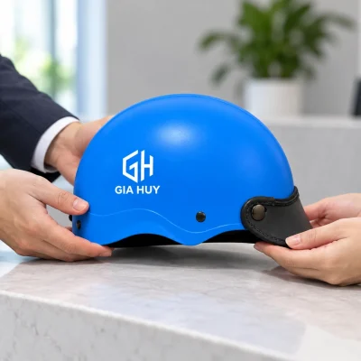 Minh họa trao mũ nửa đầu xanh dương in logo GIA HUY