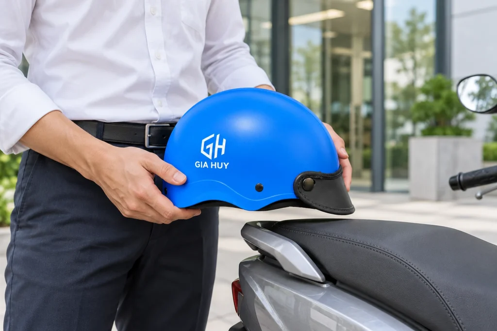 Minh họa cầm mũ xanh in logo bên xe máy đang đỗ