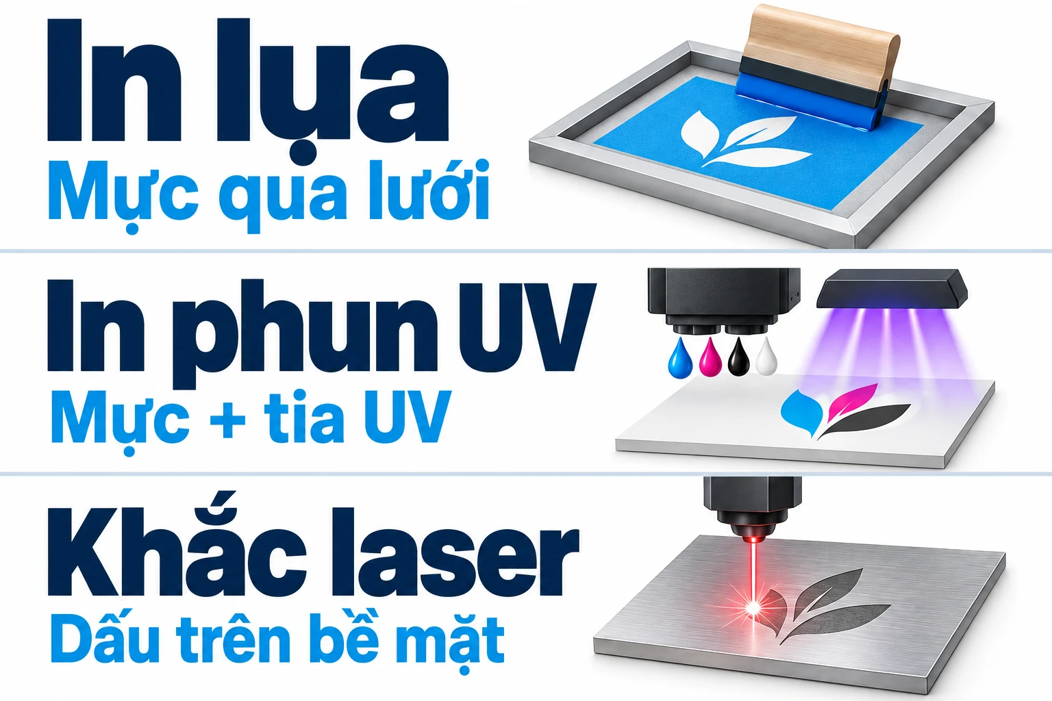 Ba hàng minh họa mực qua lưới, mực cùng tia UV và dấu laser trên bề mặt