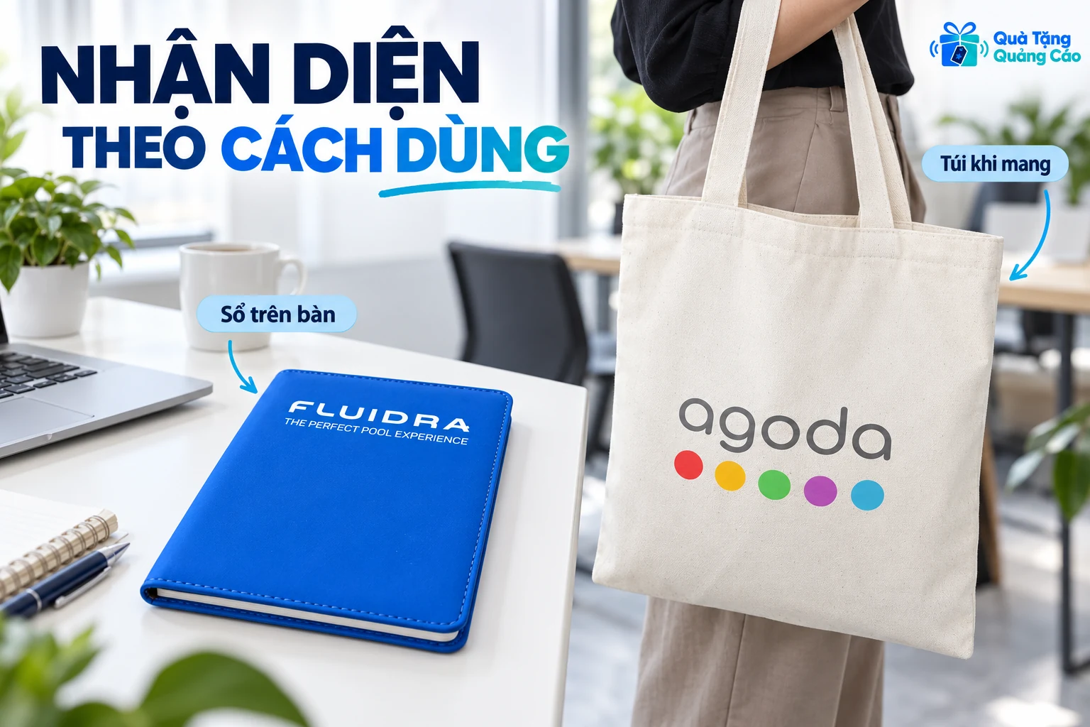 Sổ trên bàn và túi khi mang được xem ở hai trạng thái sử dụng