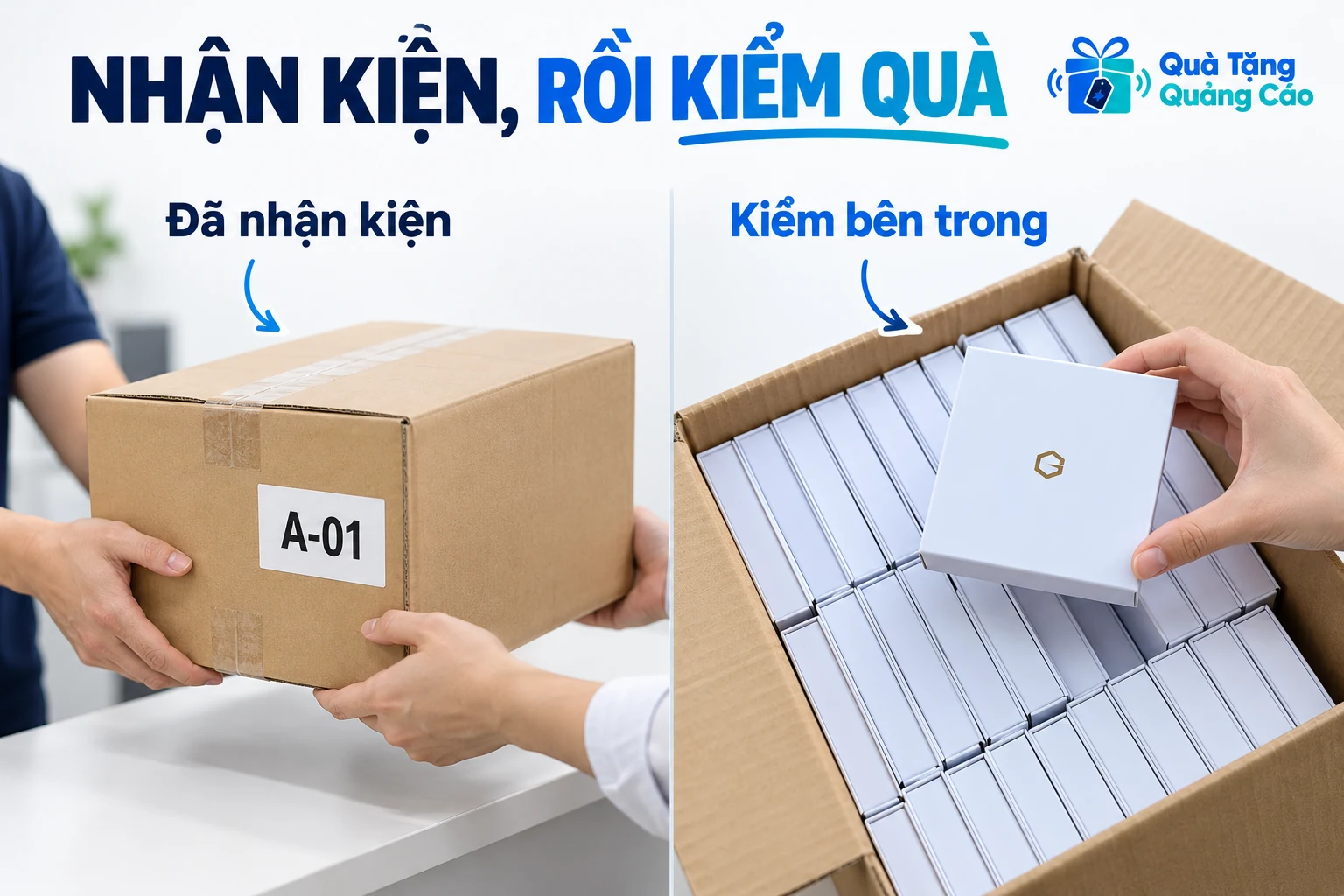 Hai cảnh minh họa nhận kiện ngoài và mở kiện để kiểm các hộp quà bên trong
