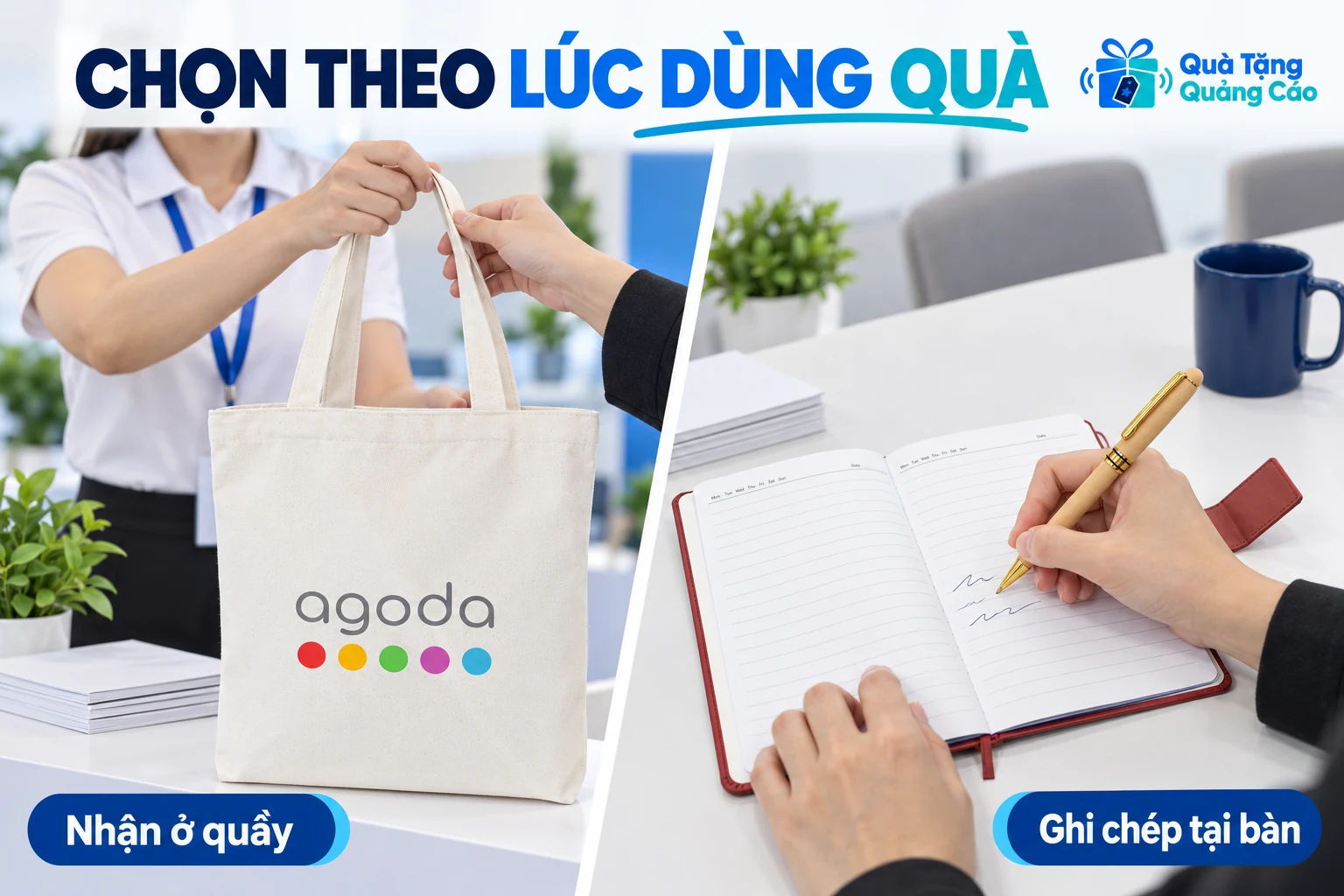 Hai bối cảnh minh họa nhận túi ở quầy và ghi chép tại bàn