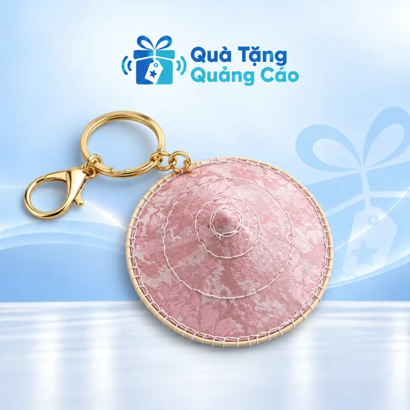 Móc khóa nón gấm hồng 9,5 cm dán logo