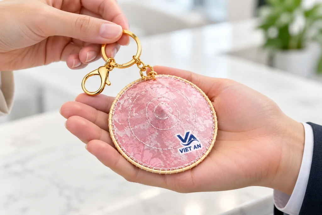 Minh họa trao móc khóa nón gấm hồng làm quà lưu niệm