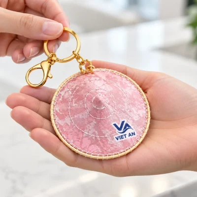 Minh họa trao móc khóa nón gấm hồng làm quà lưu niệm