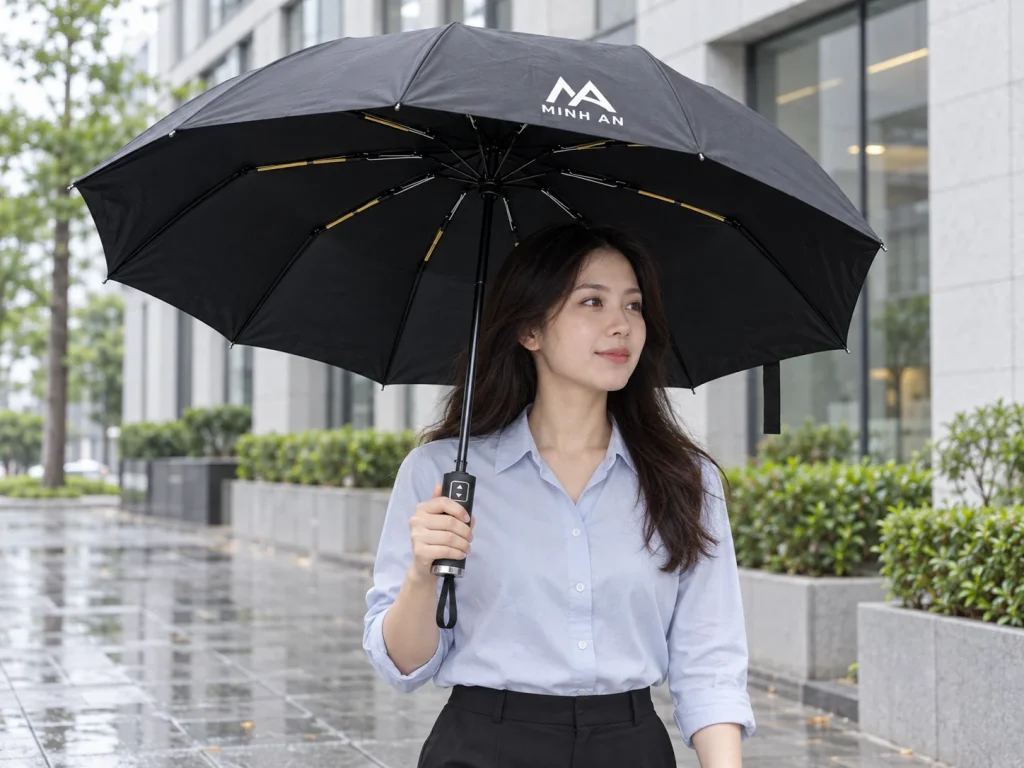 Minh họa cầm ô gấp 10 nan màu đen khi ra ngoài