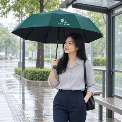 Minh họa người lớn cầm ô gấp năm xanh lá có logo NL NAM LINH màu sáng trên tán