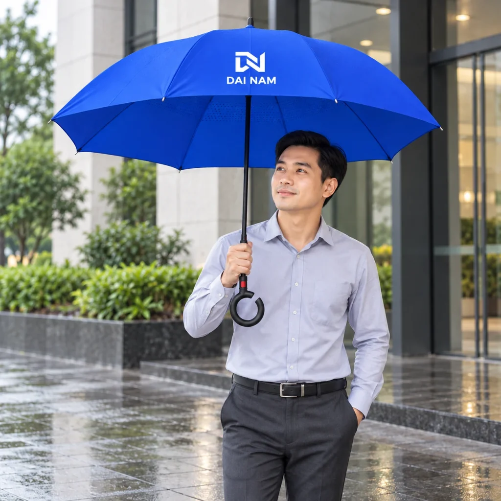 Minh họa người lớn cầm ô gấp ngược xanh có logo DN DAI NAM màu trắng trên tán