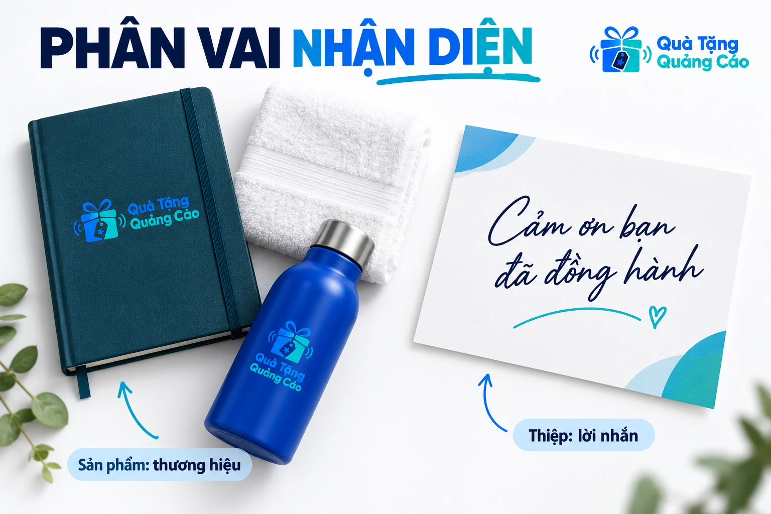Sổ và bình mang logo Quà Tặng Quảng Cáo, thiệp có câu Cảm ơn bạn đã đồng hành