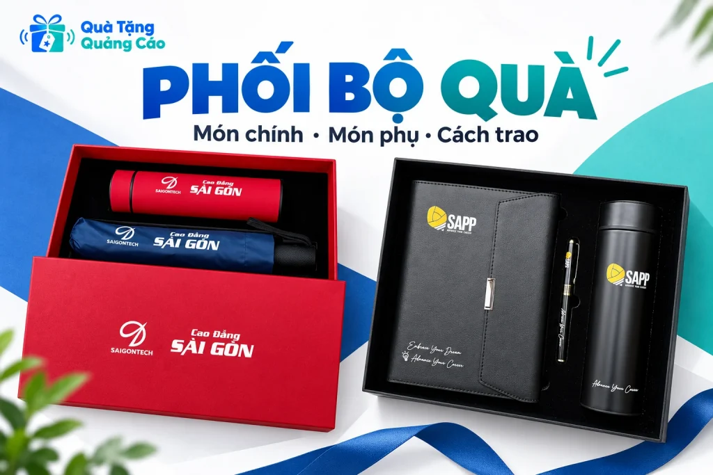Hai bộ hộp đỏ và đen với tiêu đề Phối bộ quà, món chính, món phụ, cách trao
