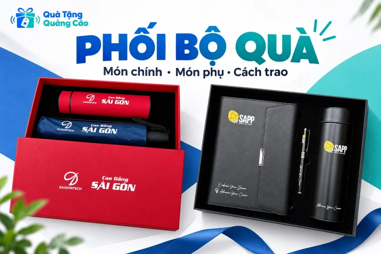 Hai bộ hộp đỏ và đen với tiêu đề Phối bộ quà, món chính, món phụ, cách trao