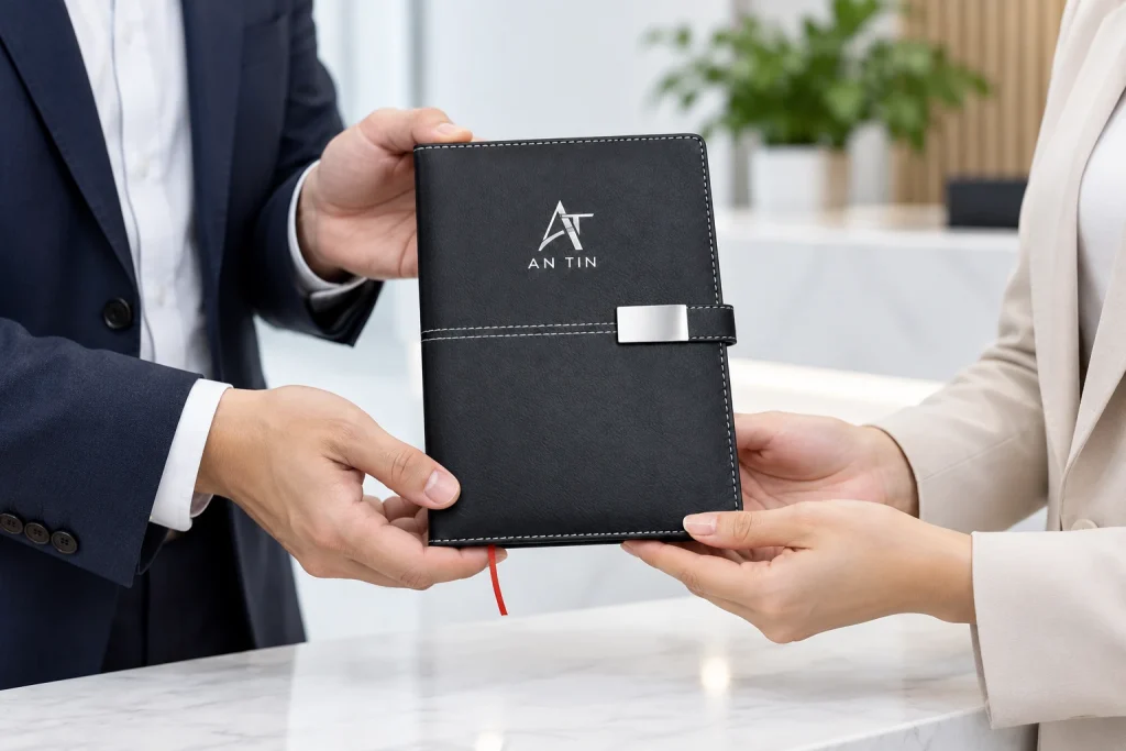 Minh họa trao sổ PK006 đen in logo làm quà