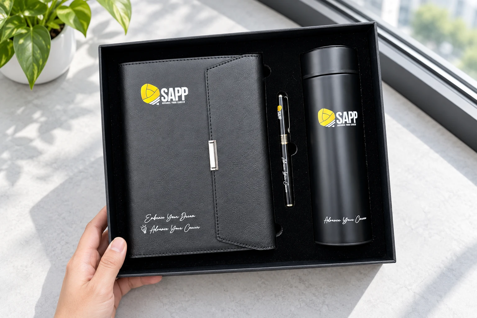 Bộ quà SAPP gồm sổ, bút và bình đen đặt trong khay