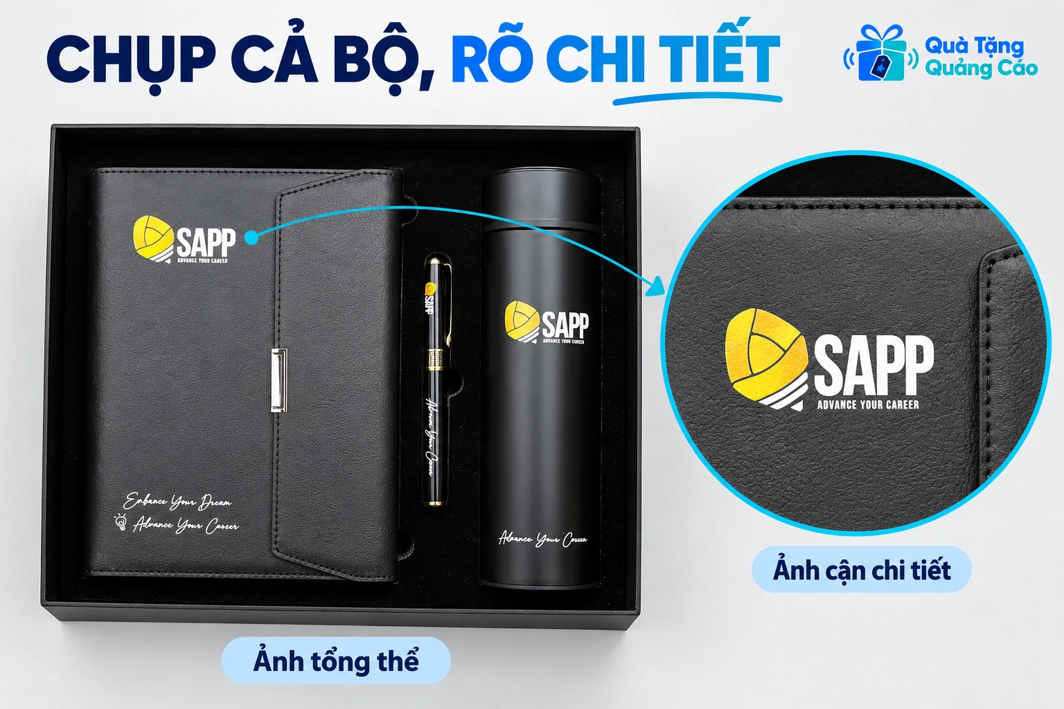 Ảnh toàn bộ bộ quà SAPP và ảnh cận chi tiết trên sổ