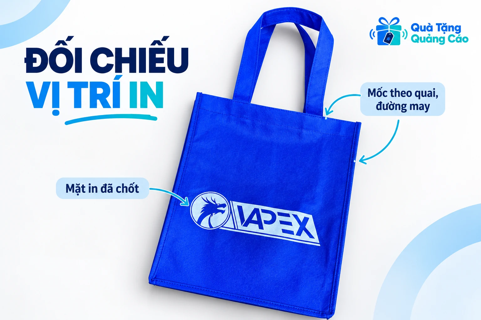 Túi xanh APEX có chú thích vùng in và mốc theo quai, đường may