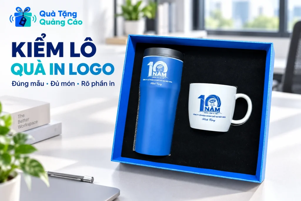 Bộ quà bình xanh và cốc trắng trong hộp xanh, kèm tiêu đề kiểm lô quà in logo