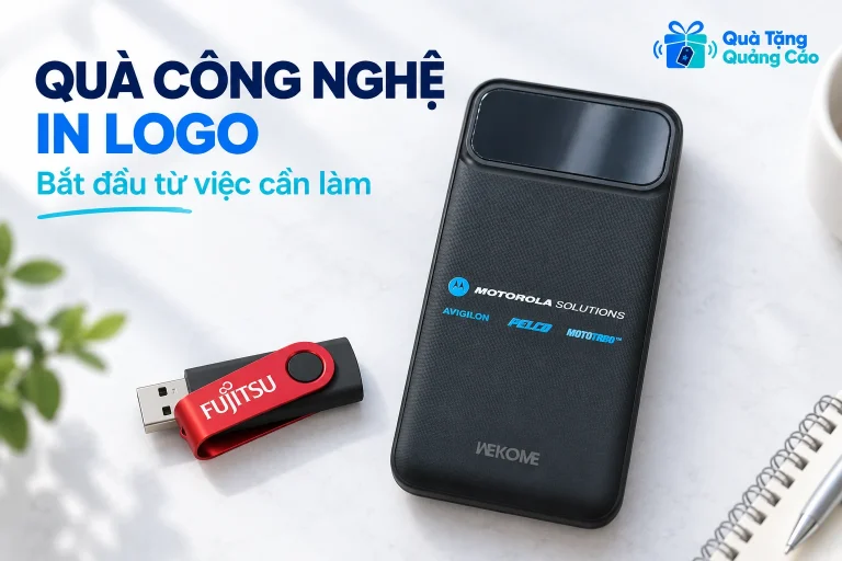Sạc dự phòng đen và USB xoay đỏ FUJITSU làm mẫu quà công nghệ tham khảo