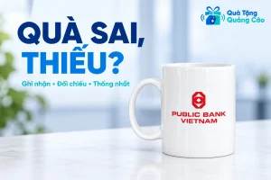 Cốc trắng Public Bank nguyên vẹn cùng tiêu đề quà sai, thiếu
