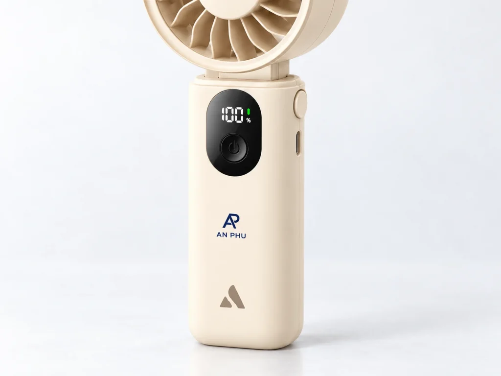 Mô phỏng logo AN PHU nhỏ trên tay cầm quạt PE02