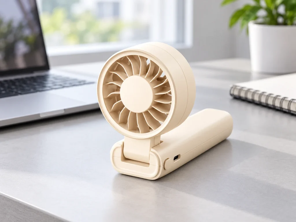 Minh họa quạt PE02 gập đầu đặt trên bàn làm việc
