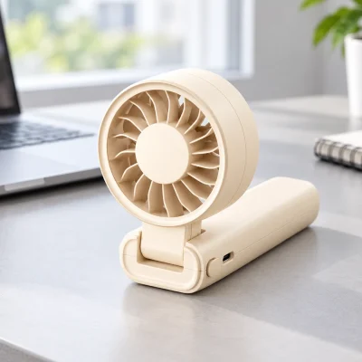Minh họa quạt PE02 gập đầu đặt trên bàn làm việc