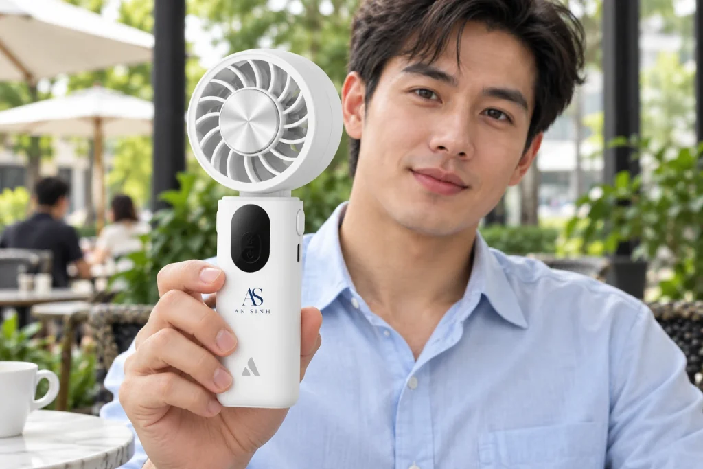 Minh họa người dùng cầm quạt PC01 có biểu tượng AS AN SINH nhỏ trên tay cầm