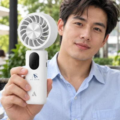 Minh họa người dùng cầm quạt PC01 có biểu tượng AS AN SINH nhỏ trên tay cầm