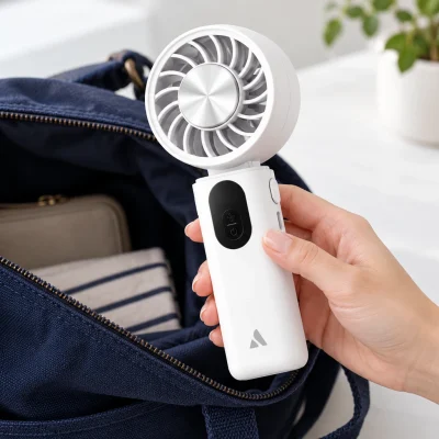 Minh họa người dùng cầm quạt PC01 cạnh túi vải mở trên bàn