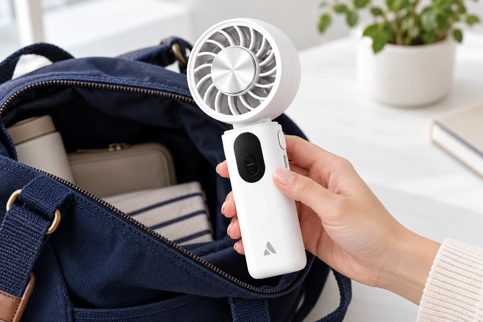 Minh họa mang PC01 trong chuyến đi hằng ngày Minh họa người dùng cầm quạt PC01 cạnh túi vải mở trên bàn