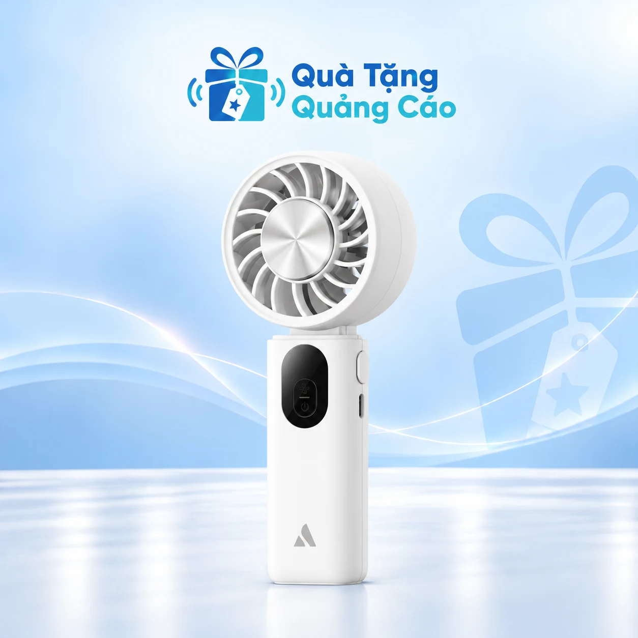 Quạt PC01 trên nền xanh nhạt Quạt AECOOLY PC01 màu trắng có tâm kim loại trên nền xanh nhạt Quà Tặng Quảng Cáo