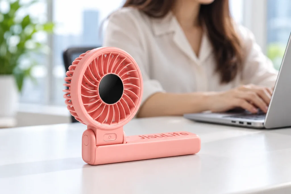 Minh họa quạt Life 7 gấp phần tay cầm nằm trên bàn bên máy tính
