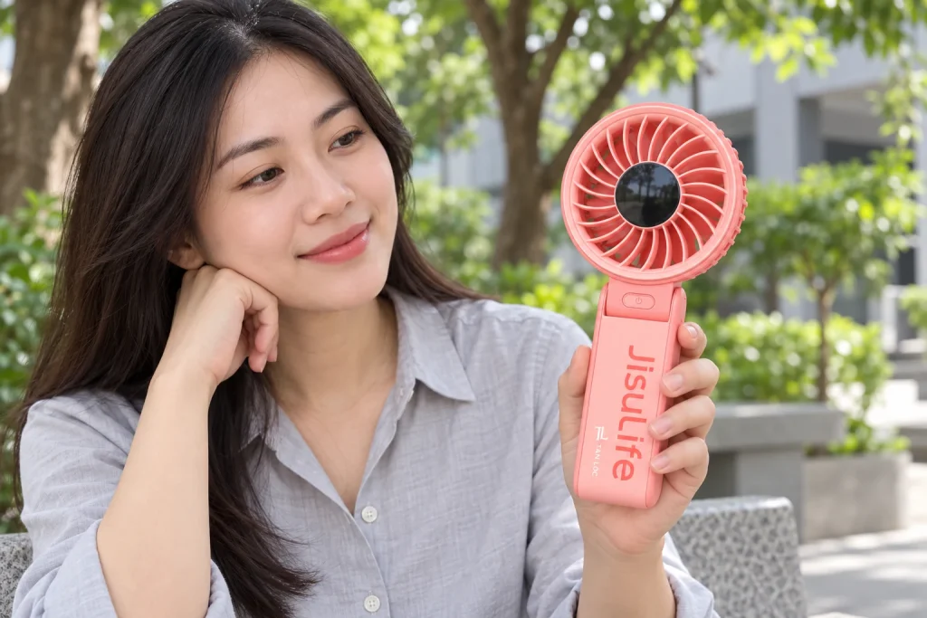 Minh họa người dùng cầm quạt Life 7 có nhận diện TL TAN LOC nhỏ trên tay cầm