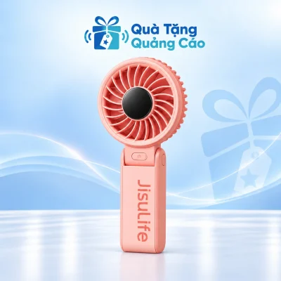 Quạt JISULIFE Life 7 màu hồng dựng thẳng trên nền xanh nhạt Quà Tặng Quảng Cáo