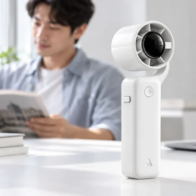 Minh họa quạt PF04 màu trắng đứng trên bàn với đầu quạt hướng lên