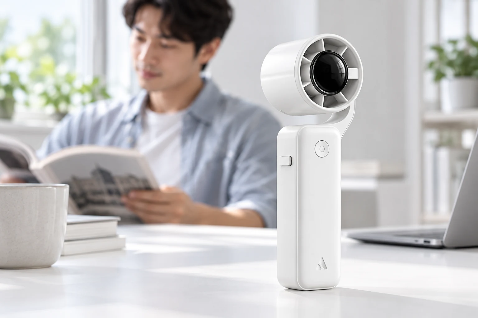 Minh họa PF04 đặt bàn Minh họa quạt PF04 màu trắng đứng trên bàn với đầu quạt hướng lên