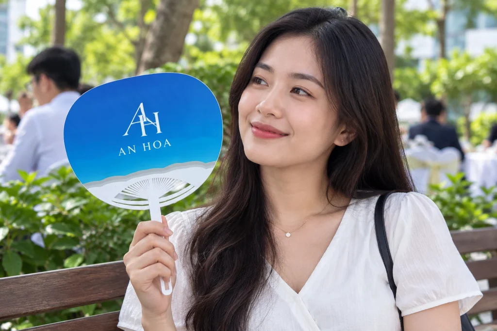Minh họa quạt giấy D8 mang nhận diện AN HOA màu trắng trên mặt xanh
