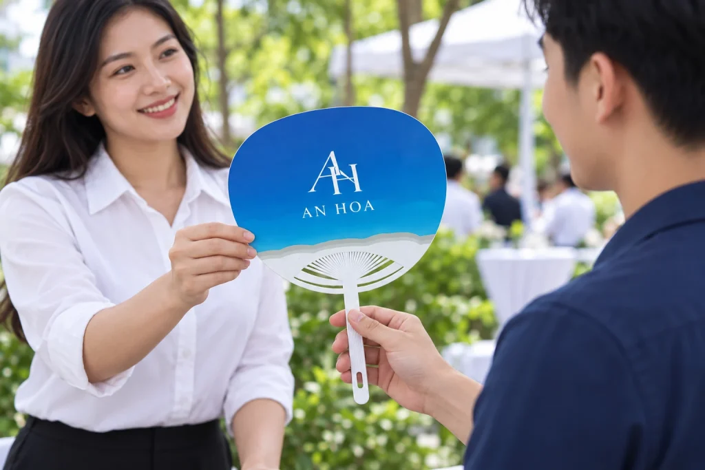 Minh họa trao quạt giấy D8 khung trắng cho người tham dự sự kiện