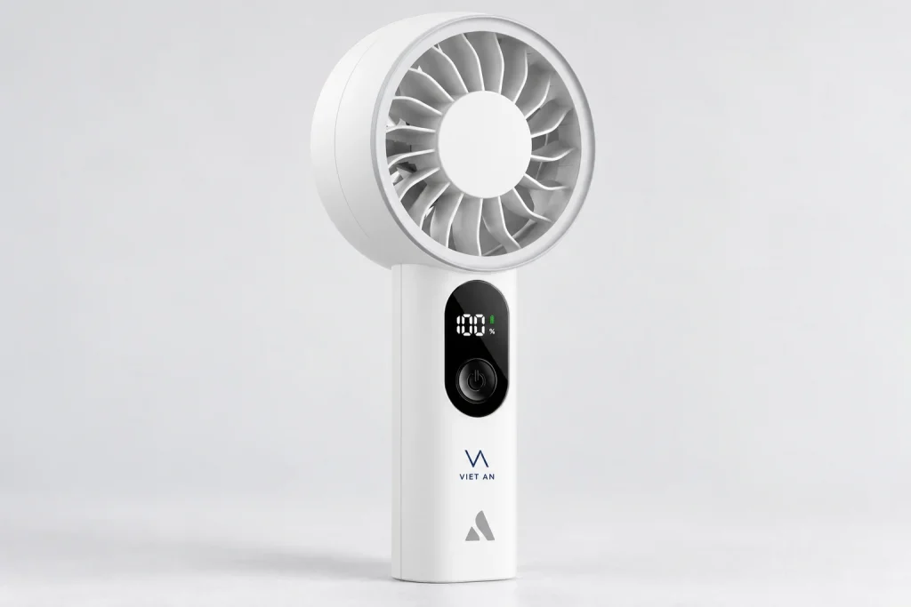 Mô phỏng logo VA VIET AN nhỏ trên tay cầm quạt PE01