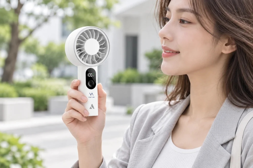 Minh họa cầm quạt PE01 trong lúc chờ tại sự kiện