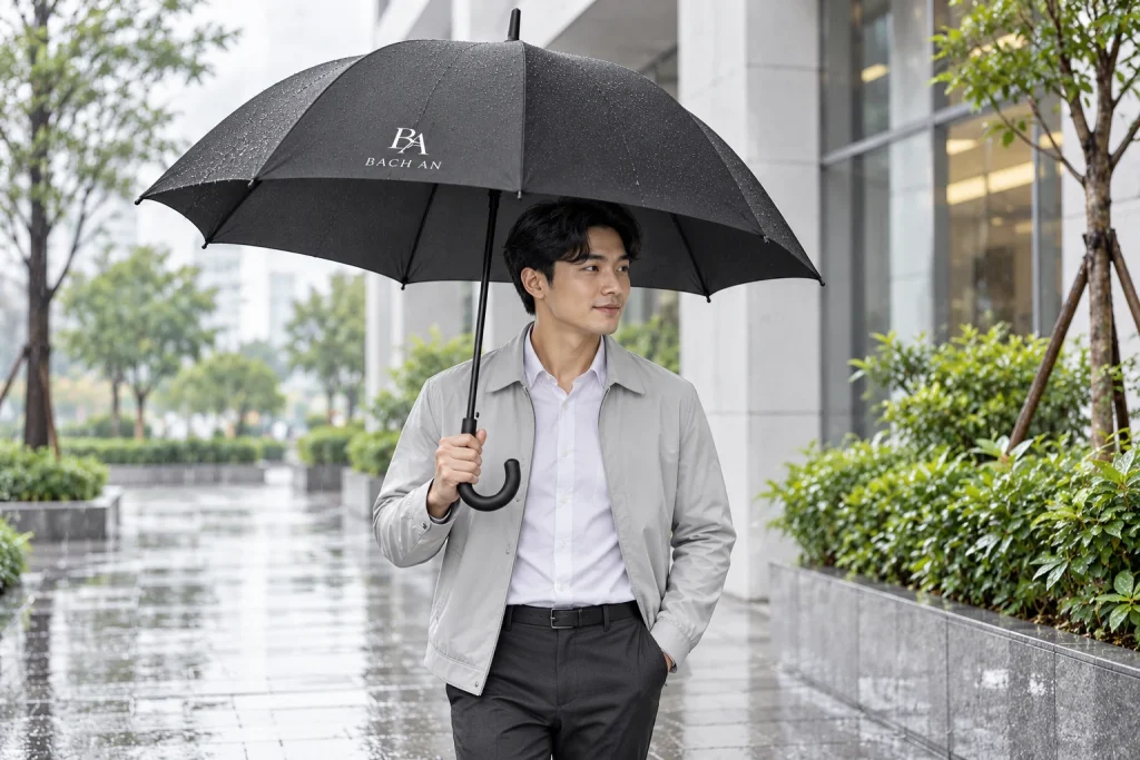 Minh họa cầm ô R70 đen khi đi bộ dưới mưa nhẹ