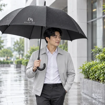Minh họa cầm ô R70 đen khi đi bộ dưới mưa nhẹ